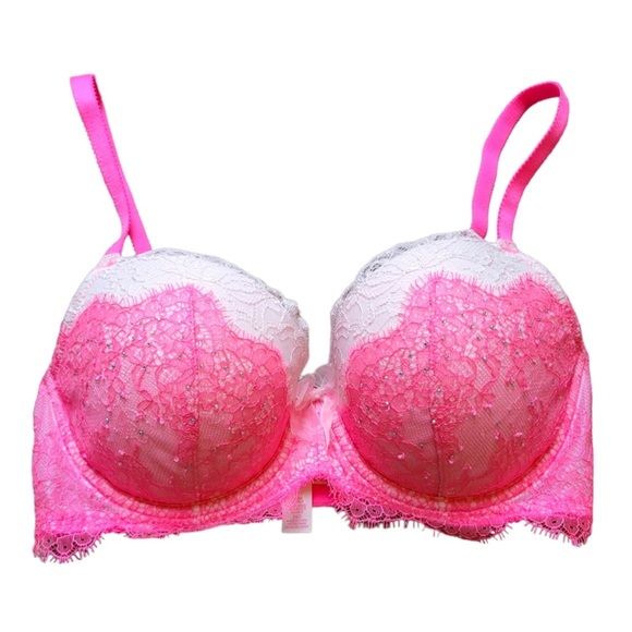 Dreams Angels Push up 32D Embellished bra with eyelash lace pink & white - Picture 3 of 3